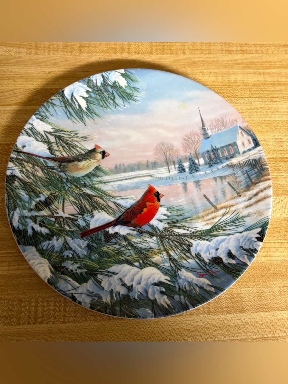 Vintage 1990 cardinals in winter collectible plate birds home decor